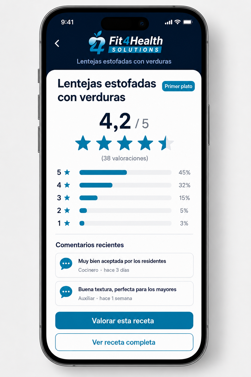 Valoración de platos y comentarios del equipo de cocina en la app