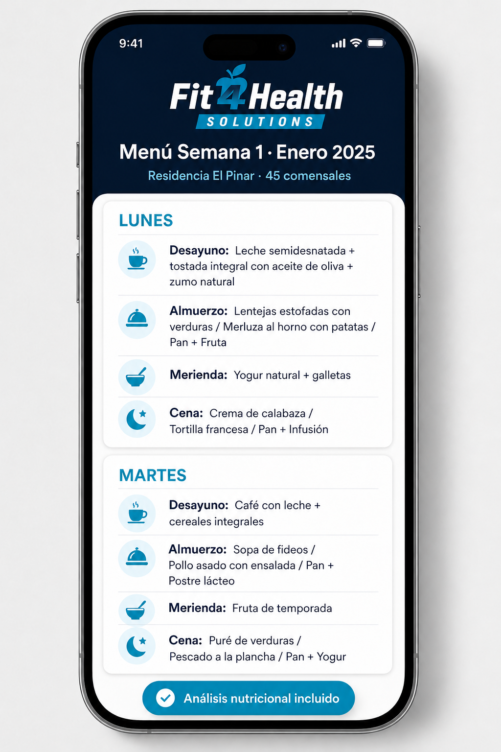 Menú semanal en la app Fit4Health con desayuno, comida y cena